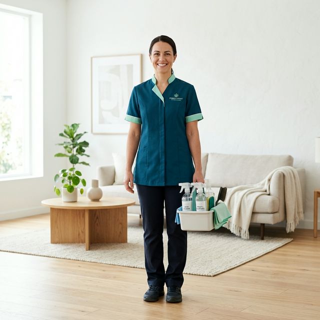 A smiling, professional NeatlyLive team member holding cleaning supplies in a bright home.